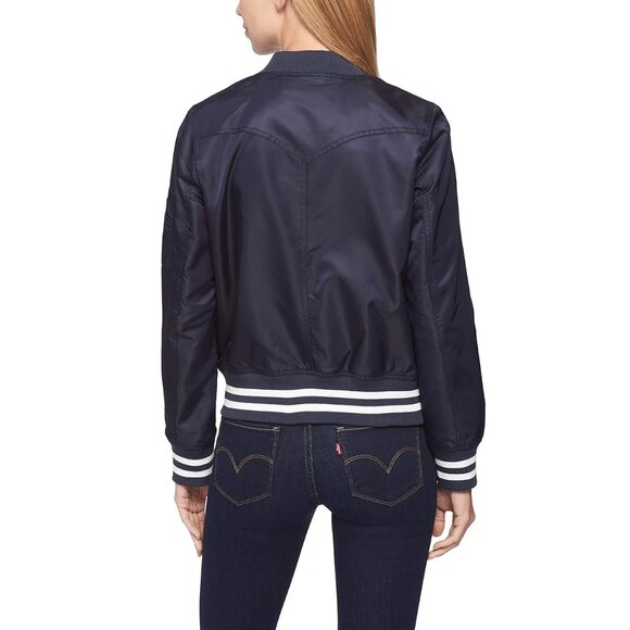 Levi's Retro Stripe Rib Knit Satin Bomber Jacket in Navy Blue Like New - Picture 2 of 9